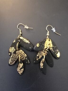 Black & Gold Leaf Polymer Dangle Earrings